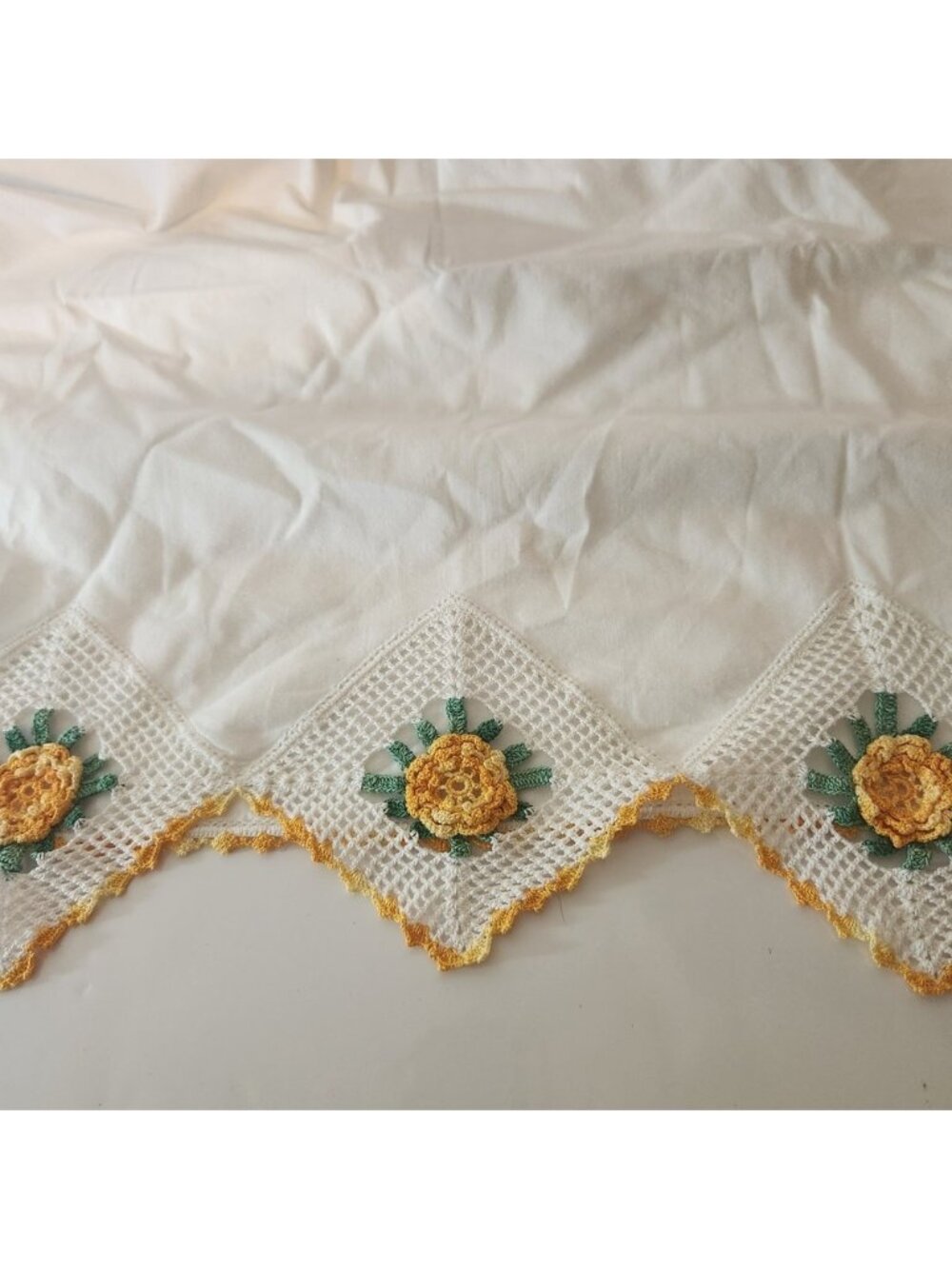 Vintage White Cotton Pillowcase Handmade Crochet Lace Yellow Flower Trim 20x34